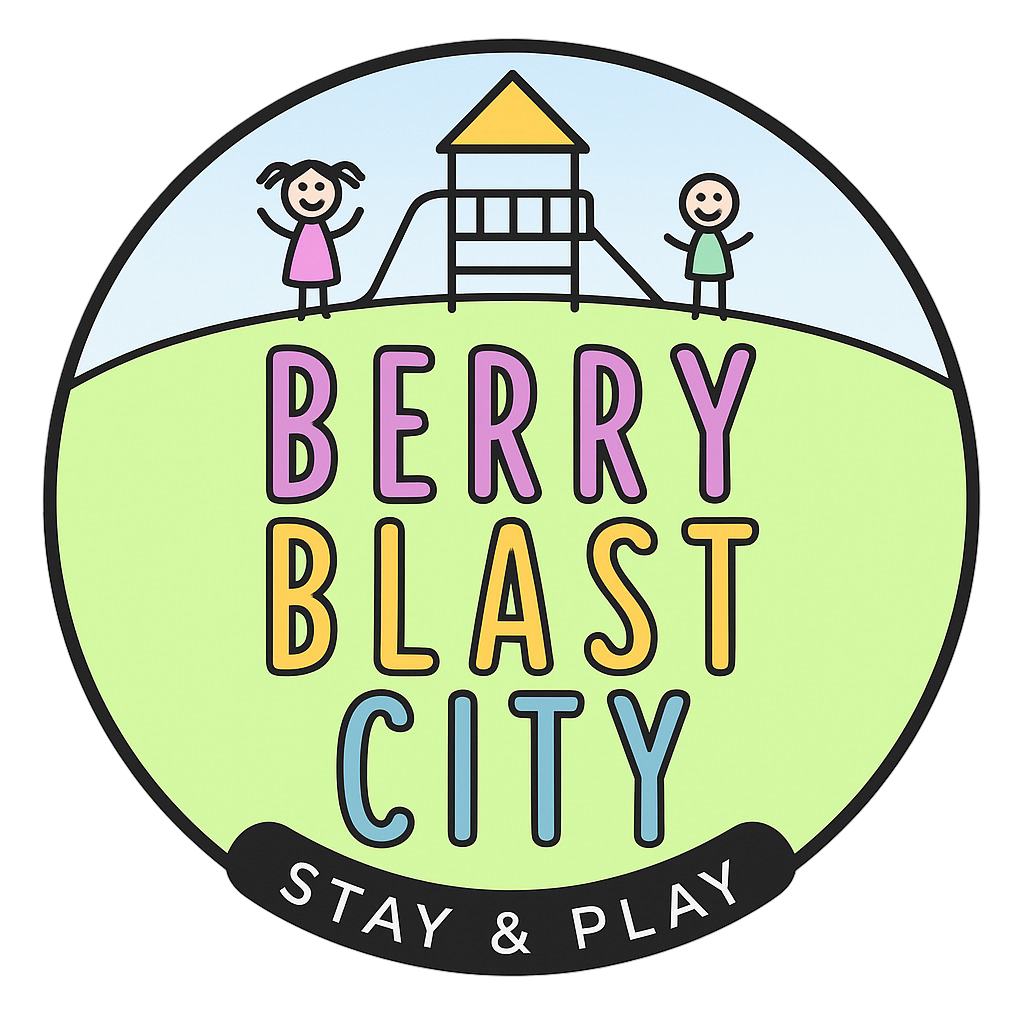 Colorful logo for Berry Blast City with kids playing on a playground.