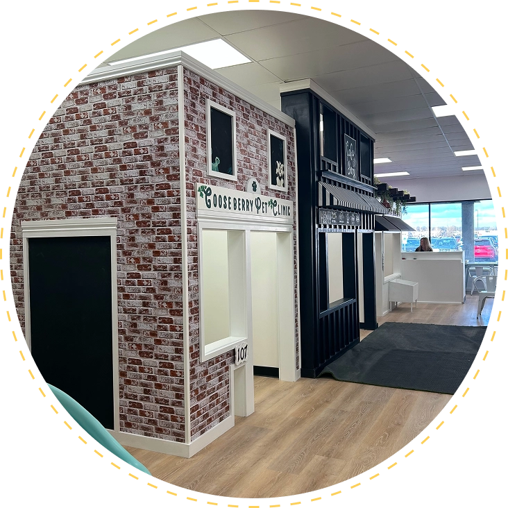 Interior view of a modern office with decorative brick and black facades.